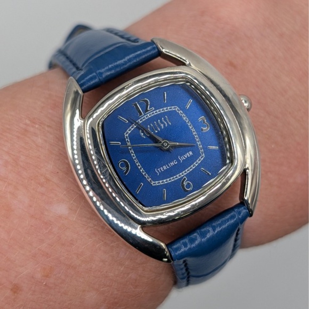 Ecclissi 925 Sterling Silver Watch Womens Blue Dial Leather Strap‎ 23383 Quartz